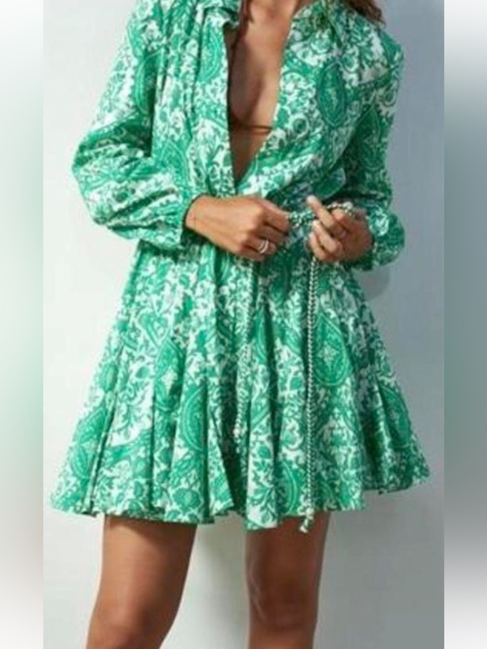 Zara Green Paisley Tie-Waist Mini Dress
